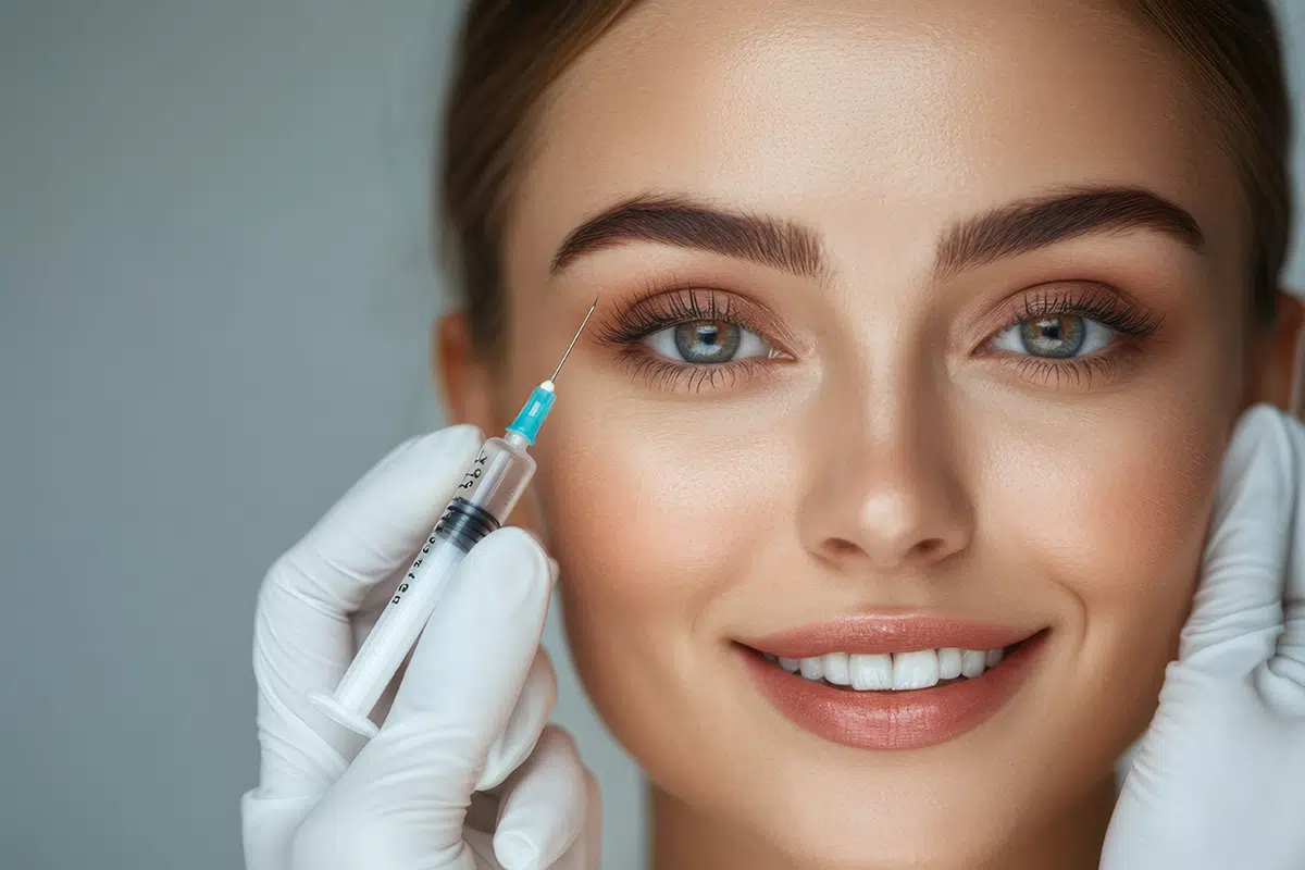 doctors hand in gloves holding syringe with filler next to woman mouth